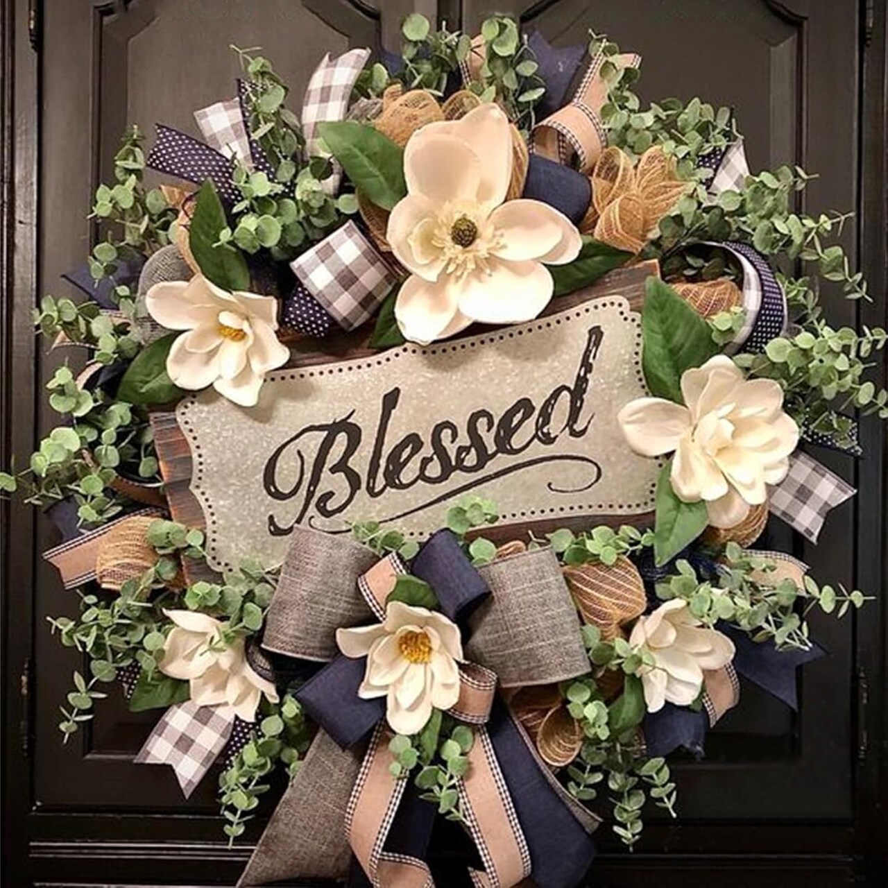 Spring Wreath for Front Door, Farmhouse Magnolia Porch Decoration, Front Door Hanger, Housewarming Gift, Buffalo Plaid Year Round Wreath, Spring Home Decor